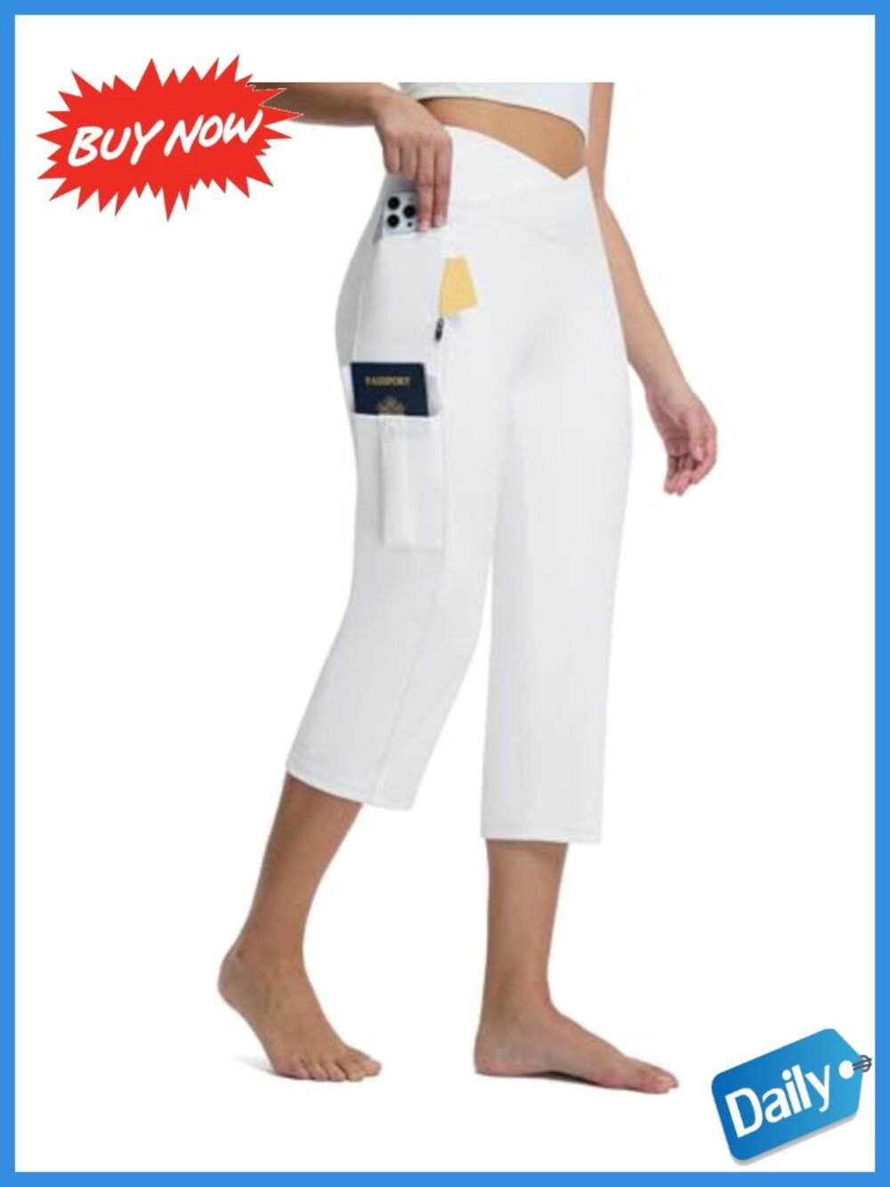 Capri Pants with 5 Pockets High Waist Non-Slip Cargo Yoga 21" Inseam